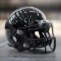 Close-up of a glossy black American football helmet resting on the ground, with stadium lights reflecting off its surface, creating a sleek and modern look. photo