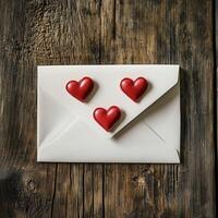 White envelope decorated with three red heart-shaped elements, placed on a rustic wooden surface, symbolizing love and affection photo