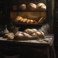 Freshly baked bread cooling on a wooden counter in a rustic bakery. The warm, golden loaves are dusted with flour, with steam rising from the freshly baked goods. photo