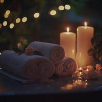 A luxurious spa setup featuring rolled white towels, glowing candles, and soft lighting, creating a calming and serene ambiance. photo