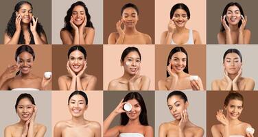 A group of women from various age backgrounds demonstrates their skincare routines at home. Each woman smiles while applying products to their faces, showcasing joy and self-care. photo