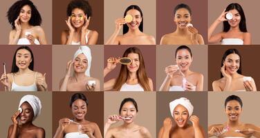 A diverse group of women engages in various skincare activities, smiling and demonstrating their routines. The warm background enhances the positive vibes and promotes self-care. photo