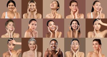 Groups of women of different backgrounds showcase their skincare routines, smiling and enjoying the moment while emphasizing self-care and beauty in a warm, inviting setting. photo