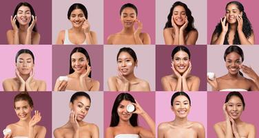 A diverse group of women showcases their skincare routines, applying products and expressing joy in a colorful setting, highlighting the importance of self-care and beauty. photo