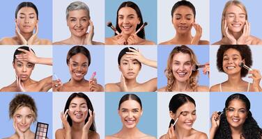 Groups of women from various backgrounds enjoy applying skincare and makeup products, showcasing their beauty routines in a colorful, well-lit studio. Each captures a unique moment of self-care. photo