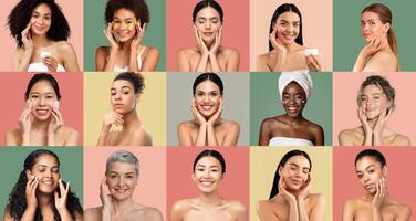 A group of women from various backgrounds demonstrates their skincare routines, each expressing joy and confidence while applying products in a vibrant, pastel-colored setting. photo