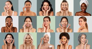 A group of women from various backgrounds are applying skincare products while smiling. Each woman is engaged in a different routine, showcasing the diversity of beauty practices and appearances. photo