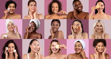 A vibrant collection of women of various ages engaging in skincare routines, showcasing different products and techniques against a colorful backdrop, promoting beauty and self-care. photo