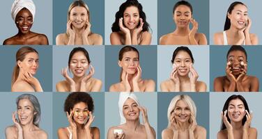 A group of women of various ages engages in a skincare routine, smiling and applying products. The setting is bright and modern, fostering a sense of wellness and self-care. photo