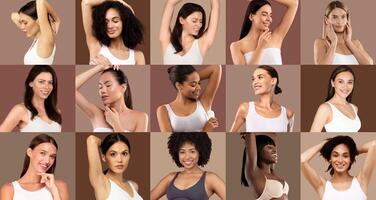 A group of women of various backgrounds poses confidently in multiple styles. They express joy and self-assurance, highlighting natural beauty against a soft backdrop. photo