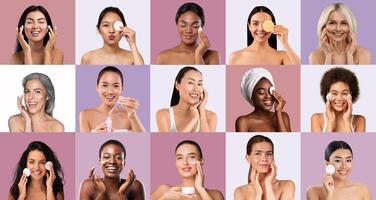Women of various backgrounds display their skincare routines with smiles. Each participates in a self-care moment, highlighting the joy of maintaining healthy skin at home. photo