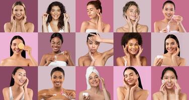 A vibrant collage features women of different backgrounds happily engaging in skin care routines photo