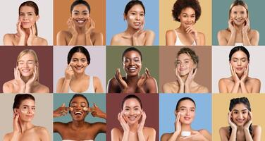 A group of women with different skin tones and features demonstrates various skincare routines against vibrant backgrounds, highlighting the importance of self-care and beauty. photo
