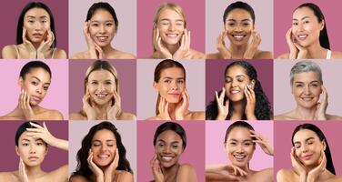 A group of diverse women, each with unique features, smiles while engaging in skincare routines against a colorful background. Their radiant joy emphasizes self-care and beauty. photo