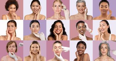 A group of diverse women engages in skincare routines, highlighting various techniques and products in a beauty workshop. Each participant showcases unique beauty expressions and practices. photo
