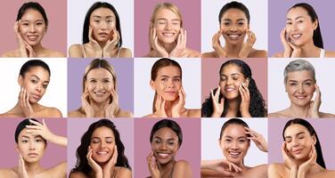 Various women are engaged in their skincare routines, showcasing diverse techniques and expressions of joy against colorful backgrounds. They emphasize self-care and confidence. photo