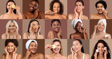 A group of diverse women engage in a skincare routine, showcasing various natural products. Their joyful expressions highlight the importance of self-care during a beauty session. photo