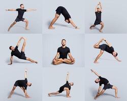 A man practices multiple yoga poses including downward dog, warrior, and lotus. The setting is minimalistic with a light gray backdrop, highlighting his focus and movements. photo