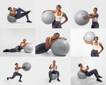 un aptitud entusiasta negro dama vitrinas diferente ejercicios utilizando un estabilidad pelota en un minimalista interior ajuste. el actividad Destacar fortaleza, balance, y flexibilidad demostraciones foto