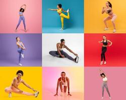 A diverse group of young women showcases different exercise routines, including stretching, dancing, and fitness moves, set against vibrant and colorful backgrounds. photo