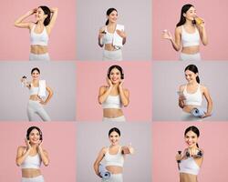 A young woman showcases her enthusiasm for fitness by posing with different workout items. She holds weights, a towel, and a water bottle, exuding positivity and energy in a vibrant setting. photo