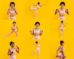 A young African American woman performs multiple fitness activities, showcasing her workout routine in a vibrant yellow setting. She's seen using dumbbells, stretching, and staying active. photo
