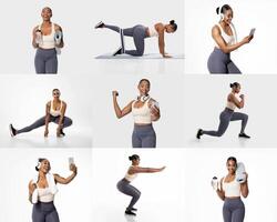 African American woman performs different workout routines, including lunges and squats, while wearing headphones. She interacts with her phone and holds dumbbells, showcasing an active lifestyle. photo