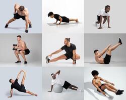 A group of men engaged in different workout exercises, including weightlifting, push-ups, and leg stretches, demonstrating a range of fitness techniques in a bright indoor studio. photo
