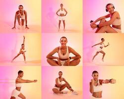 A dedicated black woman showcases diverse workout exercises including stretching, yoga, and strength training in a vibrant studio with a pink and orange backdrop, emphasizing a healthy lifestyle. photo