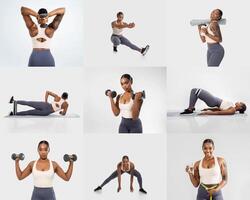 Black woman performs a variety of exercises using dumbbells and a foam roller, showcasing strength and flexibility in a brightly lit gym environment. Each position highlights her fitness routine. photo