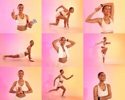 A fitness enthusiast black lady is showcasing multiple workout poses, including running, stretching, and push-ups. The vibrant background adds energy and highlights the active lifestyle theme. photo
