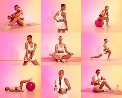 A fitness enthusiast African American woman demonstrates a range of exercises using different equipment in a colorful studio photo