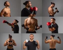 A shirtless man demonstrates various boxing and fitness exercises using dumbbells and boxing gloves, showcasing strength and agility in a well-lit studio environment. photo