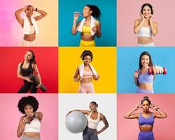 A group of women showcases their fitness routines, each displaying unique exercises and activities in vibrant colors. They exhibit joy and motivation while promoting an active lifestyle. photo