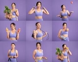 Asian woman participates in different health and fitness activities, such as juggling, weightlifting, and using resistance bands, all while smiling photo