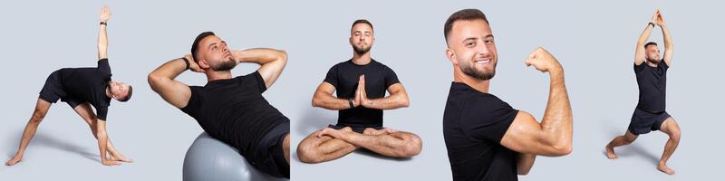 A man showcases multiple yoga poses, demonstrating flexibility and strength. He uses a fitness ball for support while creating a calm and focused atmosphere in a minimalistic setting. photo