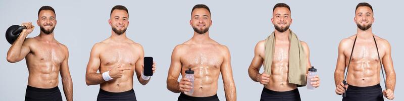 A fit man displays his toned abs and strong physique while engaging in different activities. He holds various fitness props, demonstrating a healthy lifestyle and commitment to fitness. photo