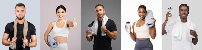 Five individuals engage in a workout session, each displaying towels and water bottles, showcasing their fitness dedication and camaraderie in an energetic environment. photo