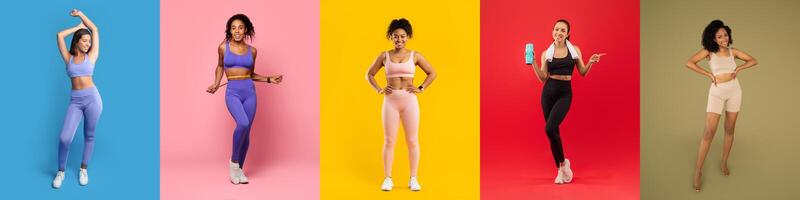 A group of women showcase different fitness outfits in a brightly colored studio. Each poses confidently against a bold backdrop, expressing individuality and energy during workout sessions. photo