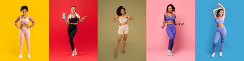 Five women model stylish activewear in bright colors, reflecting energy and fitness in a studio. Each outfit highlights unique styles and encourages a healthy lifestyle choice. photo