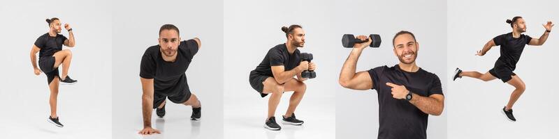 A fitness enthusiast showcases a series of dynamic workout exercises, including lunges, squats, and arm curls, in a well-lit studio. The energetic session highlights strength and agility. photo