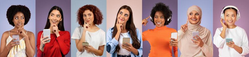 A group of seven women with different hairstyles and outfits interacts with their smartphones, displaying thoughtful expressions in a vibrant studio backdrop, sharing a moment of connection. photo