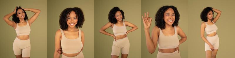 A young black woman showcases her playful personality through a series of candid poses, dressed in a comfortable outfit, smiling brightly and engaging with the camera in a well-lit space. photo