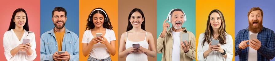 A diverse group of individuals engages with their smartphones and headphones, each displaying happiness across vibrant colored backdrops. They exemplify modern technology interaction. photo