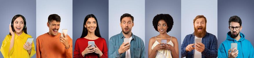 A diverse group of individuals expresses various emotions while using their smartphones, showcasing excitement, surprise, and curiosity in a contemporary environment. photo