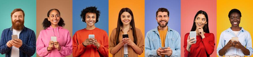 A group of seven friends, smiling and engaged with their smartphones, stands in front of vibrant, contrasting backgrounds. Each person displays unique expressions and styles. photo