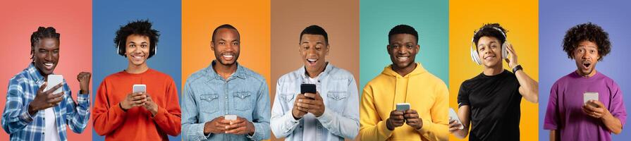 A vibrant gathering of young men smiles and interacts with their smartphones. They display various expressions of amusement and curiosity while standing against colorful backgrounds. photo