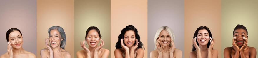 Seven multiethnic women of different ages are shown applying skincare products to their faces in a studio setting. They all have happy expressions and appear to be enjoying the experience. photo