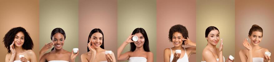 Seven multiethnic women are shown applying moisturizer to their faces, smiling as they hold small containers of cream. Each woman is standing against a light colored wall photo