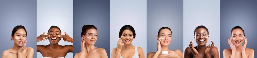 Seven multiethnic women applying face cream to their faces in front of a light blue background. They are all smiling and looking happy. photo